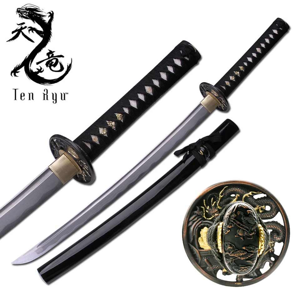 Miecz Wakizashi Ten Ryu Damascus Sword Dragon Tsuba Miecz Wakizashi Ten Ryu Damascus Sword Dragon Tsuba